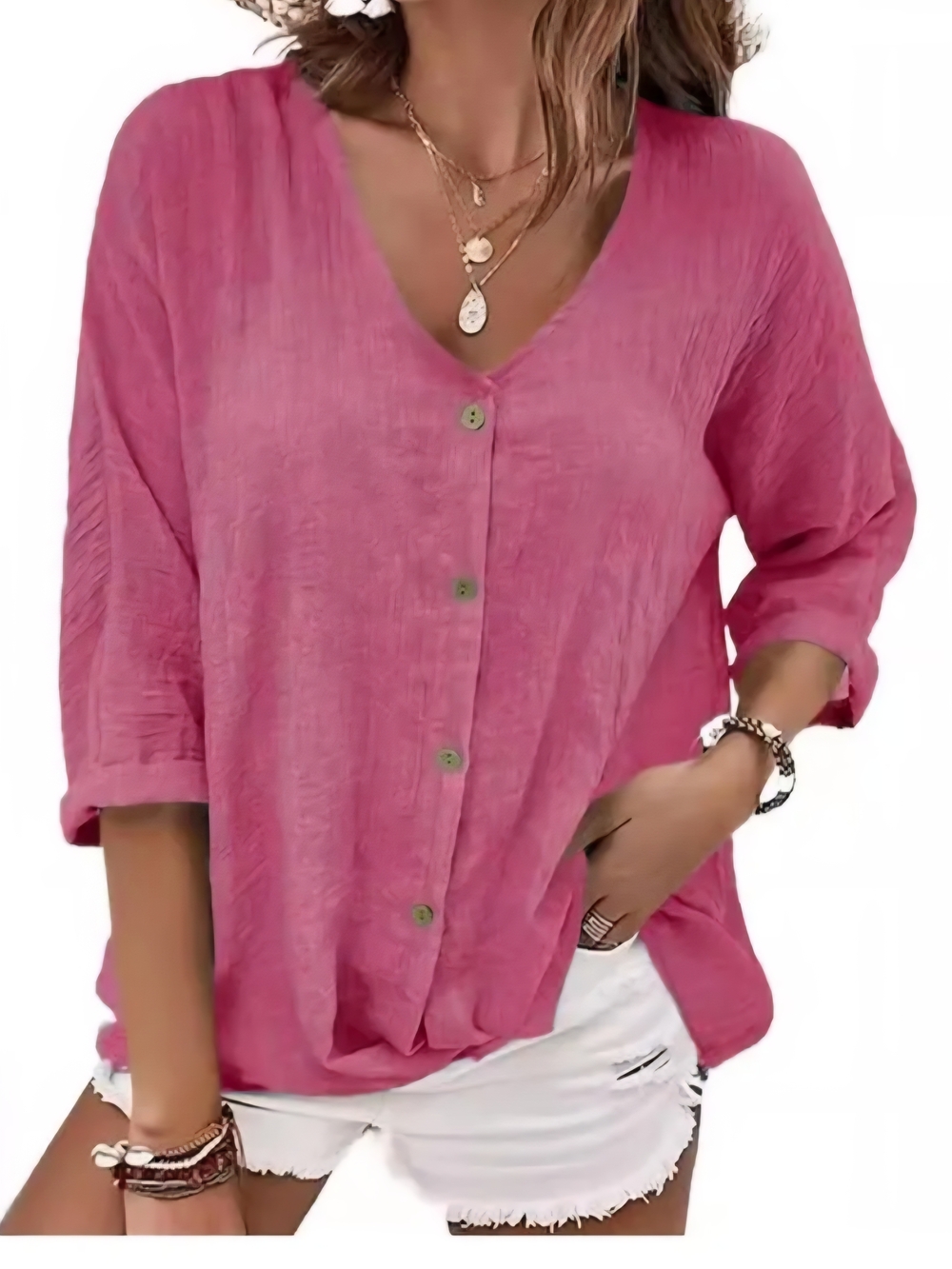 Relaxed V-Neck Button-Front Blouse in Pink Or Lavender